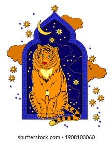 Fantasy tiger sitting on the window. Illustration for eastern legend. Cover for children fairy tale book. Print for t-shirts and decoration. Printable animals for kids. Flat clip-art cartoon vector.