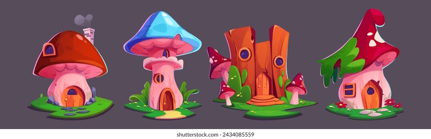 Fantasy tiny elf or animal house in mushrooms and tree stump with windows, doors and roof. Cartoon vector illustration set of magic fairy gnome home. Cute funny imaginary forest habitat cottage.