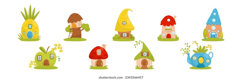 Fantasy Tiny House on Green Lawn in the Garden Vector Set