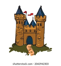Fantasy, tower castle in cartoon style. Colored, vector graphics on a white background.
