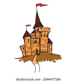 Fantasy, tower castle in cartoon style. Colored, vector graphics on a white background.