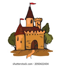Fantasy, tower castle in cartoon style. Colored, vector graphics on a white background.