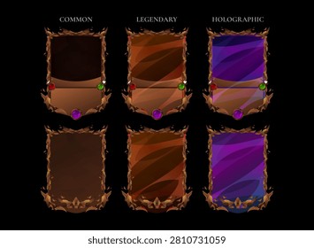 Fantasy trading card collection with common, legendary and holographic rarity templates featuring front and back designs for TCG, CCG, RPG, collectible cards and game UI.