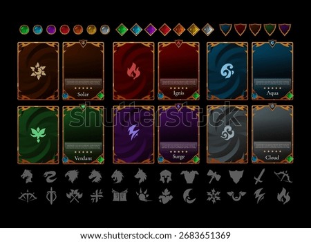 Fantasy trading card game template pack. RPG TCG elemental frames, clan crests, class icons, rare gems, card borders, and clean UI design. Fire, water, wind, earth, nature, sun, shadow, lightning, ice