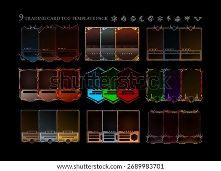 Fantasy trading card TCG template pack, colorful elemental frames with glowing borders and icons, modern RPG card game layout design collection.