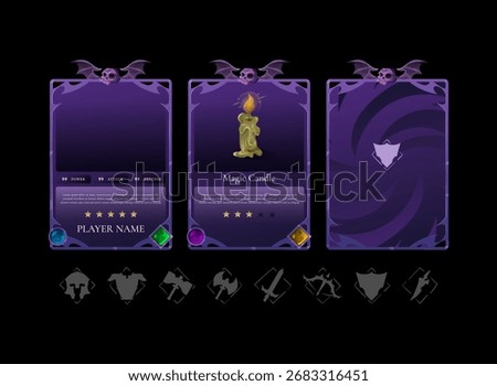Fantasy trading card template pack, gothic skull and bat wing frame. Halloween dark RPG TCG UI design. Editable player stats, magic candle item card, back design with swirl pattern.