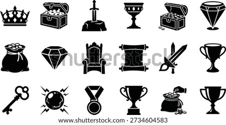 Fantasy treasure and rewards icons vector set in black silhouette style, including royal crown, treasure chests, sword in stone, chalice, diamond, money bag, throne, scroll, crossed swords, key, magic orb, medal and multiple trophies, ideal for game UI, achievement badges, fantasy maps and logos.