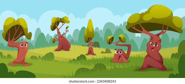 Fantasy tree background. Fairytale old tree with emotions exact vector cartoon template