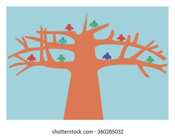 Fantasy tree with birds on blue background. Cards, brochures, invitations. Kyiv alley, Ukraine. Vector illustration