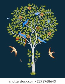 Árbol de fantasía con pájaros de fondo azul oscuro. Ilustración del vector