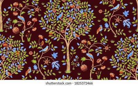 Fantasy tree with birds seamless ornament on burgundy background. Vector illustration