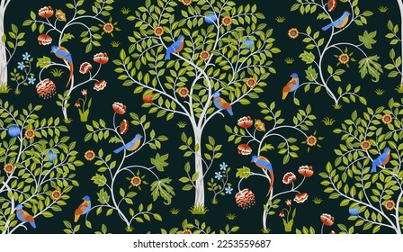 Fantasy tree with birds seamless ornament on dark background. Vector illustration