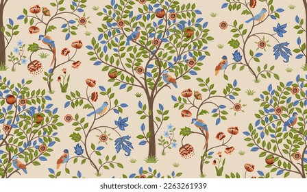 Fantasy tree with birds seamless ornament on light background. Vector illustration