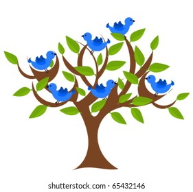 Fantasy tree with blue birds. Vector illustration