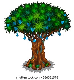 Fantasy tree with blue flowers. Vector illustration.