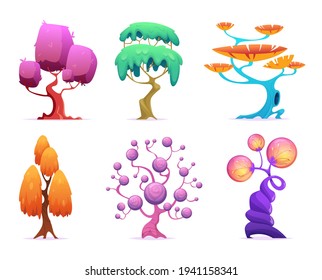 Fantasy tree. Fairytale garden plants glowing forest nature magic symbols exact vector cartoon collection isolated