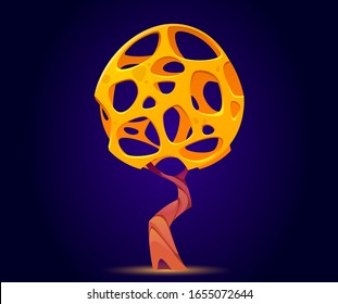 Fantasy tree with full of holes crown for ui game about alien magic world. Vector cartoon fantastic mushroom, unusual tree with yellow netting crown. Illustration of fantastic plant