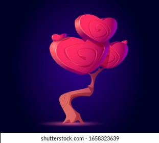 Fantasy tree with hearts shape crown for ui game about alien magic world. Vector cartoon fantastic red mushroom, unusual romantic tree. Illustration of fantastic plant