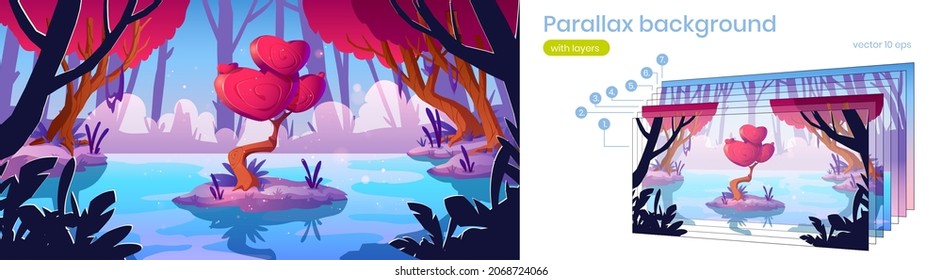 Fantasy tree with hearts shape crown in forest pond. Vector parallax background for 2d game with cartoon landscape with magic red mushroom, unusual romantic tree