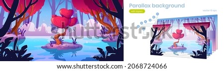 Fantasy tree with hearts shape crown in forest pond. Vector parallax background for 2d game with cartoon landscape with magic red mushroom, unusual romantic tree
