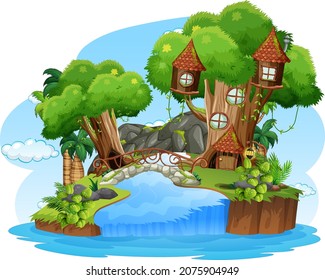 Fantasy tree house with in the forest illustration
