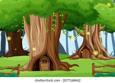 Fantasy tree house in the forest illustration