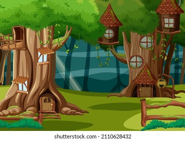 Fantasy tree house in the forest illustration