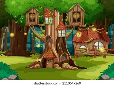 Fantasy tree house in the forest illustration