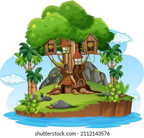 Fantasy tree house in the forest illustration
