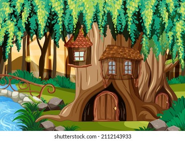 Fantasy tree house in the forest illustration