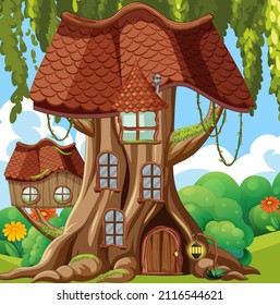 Casa arbórea de fantasía en la ilustración forestal