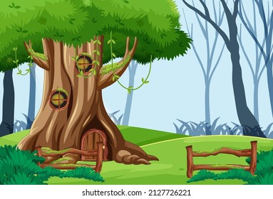 Fantasy tree house in the forest illustration
