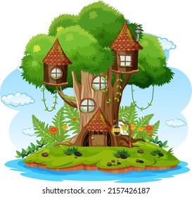 Fantasy tree house in forest illustration