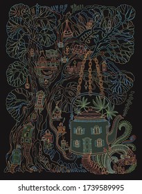 Casa de árbol de fantasía y casa futurista en tetera en colores psicodélicos con hongos agaric de mosca y hojas de cáñamo de cannabis en un fondo negro. Invitación a una fiesta hippie, impresión batik, fondo de pantalla humorístico