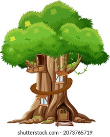 Fantasy tree house inside tree trunk on white background illustration