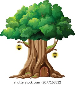 Fantasy tree house inside tree trunk illustration