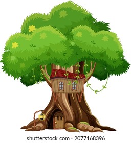 Fantasy tree house inside tree trunk on white background illustration