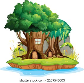 Fantasy tree house inside tree trunk on white background illustration