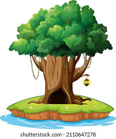 Casa de árbol fantasmal dentro del tronco del árbol en ilustración de fondo blanco