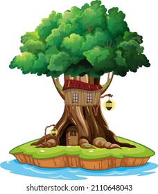 Fantasy tree house inside tree trunk on white background illustration