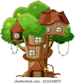 Fantasy tree house inside tree trunk on white background illustration