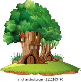 Casa de árbol fantasmal dentro del tronco del árbol en ilustración de fondo blanco
