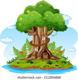 Casa de árbol fantasmal dentro del tronco del árbol en ilustración de fondo blanco