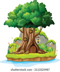 Fantasy tree house inside tree trunk on white background illustration