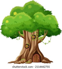 Fantasy tree house inside tree trunk on white background illustration