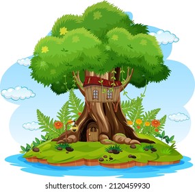 Fantasy tree house inside tree trunk on white background illustration