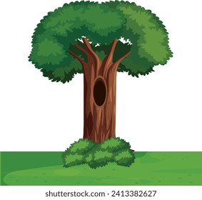 Fantasy tree house inside tree trunk on white background illustration