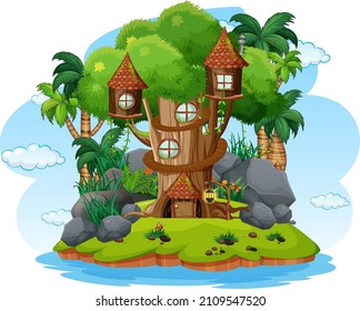 Fantasy tree house on white background illustration