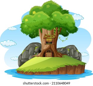 Casa arbórea de fantasía en ilustración de fondo blanco