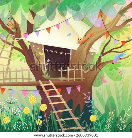 Fantasy tree house playground for children in forest or nature, tent in the woods. Childish colorful illustration of a treehouse with decorations in the forest. Kids colorful cartoon illustration.